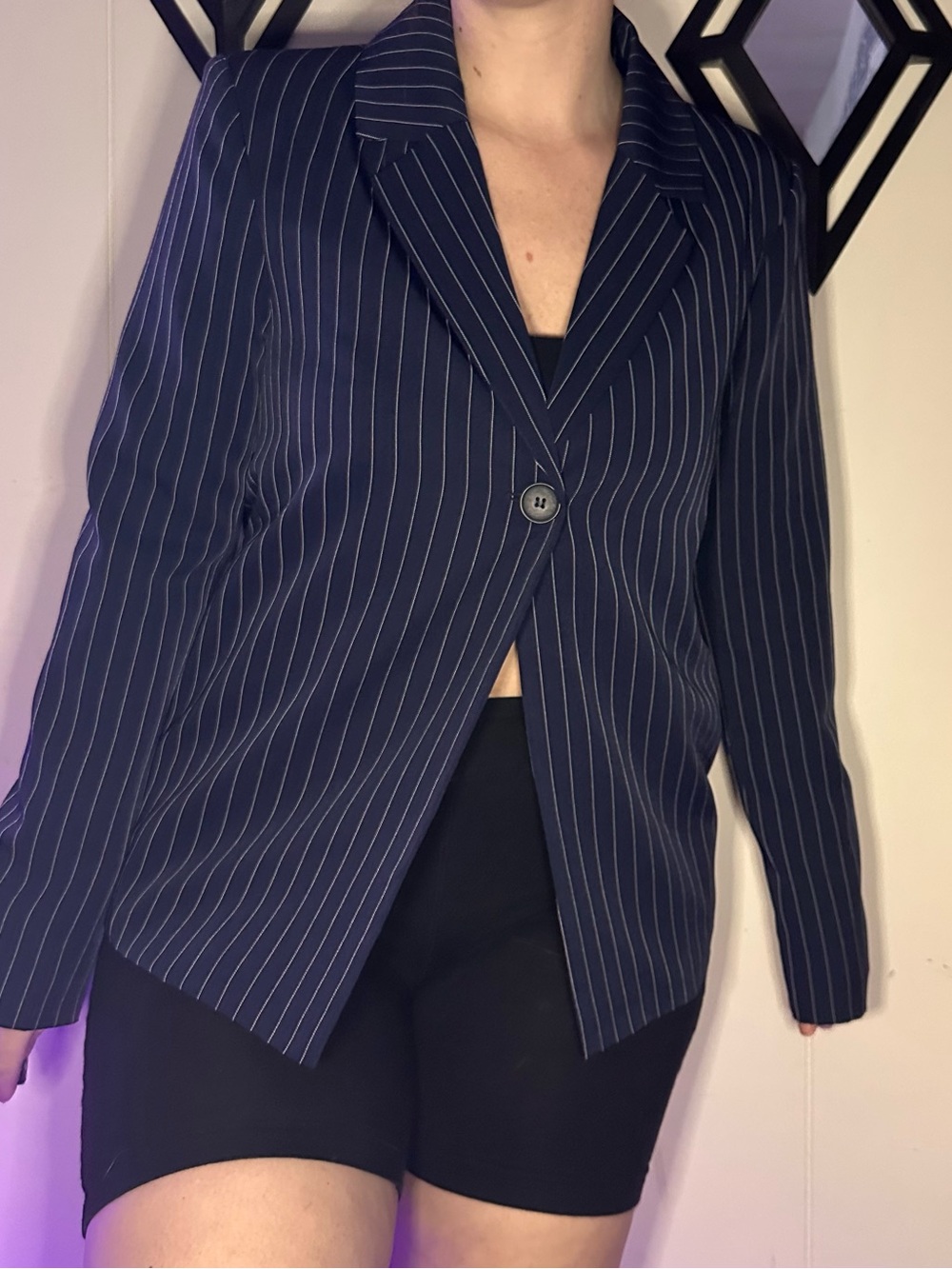 Office Siren Princess Polly Navy Blue Pinstripe Single-Button Blazer Size L/XL